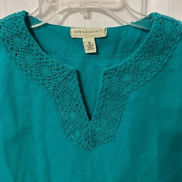 Appleseeds Women’s (S) Turquoise Green Lace Trim Tunic Easy Breezy 3 Qtr Sleeve - Picture 5 of 7